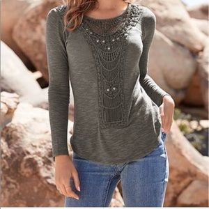 Small olive green shirt with ornate crochet and stud detail from VENUS.